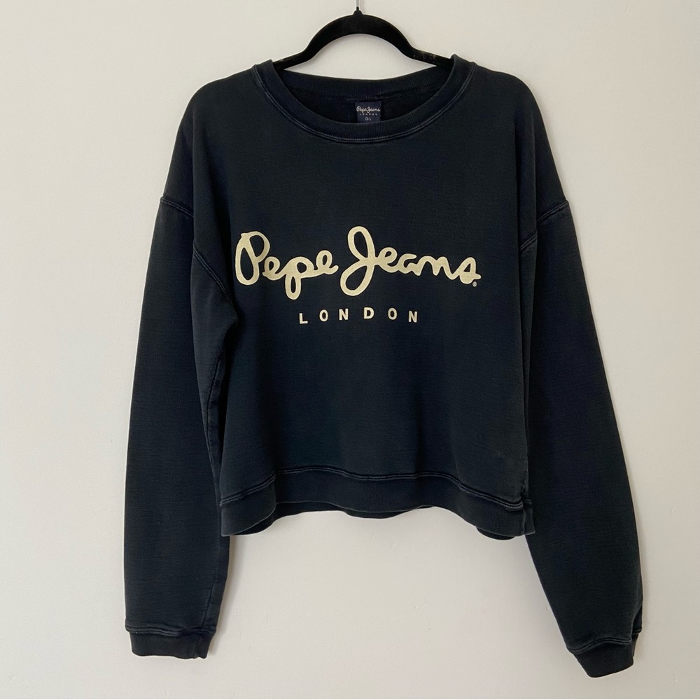 Vintage Made Canada Pepe Jeans London Logo Sweatshirt Cropped Washed Black Large